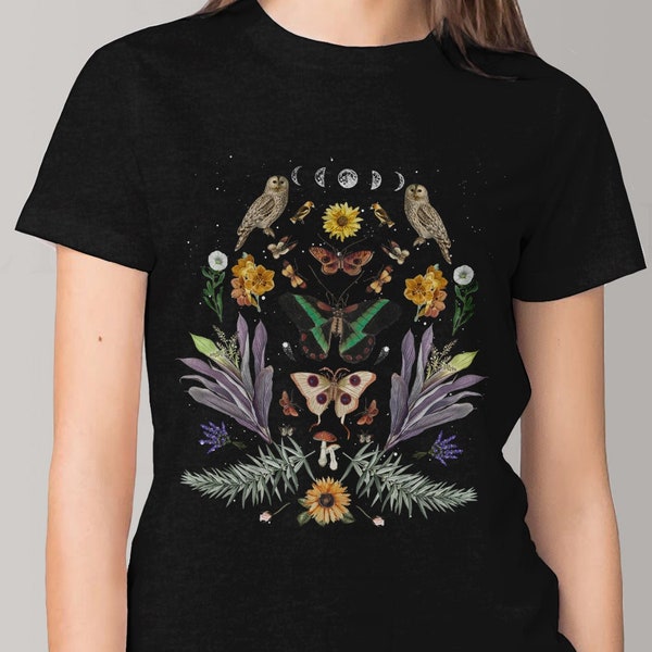 WOMENS Flower Tee | Gift For her, Luna Moth T-Shirt for women | Woodland T-Shirt, Wildflower T-shirt, Vintage T-shirt CelestesStudio©