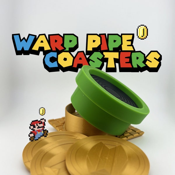 Super Mario Warp Pipe Coaster Set - 6 Classic Coin Design Coasters + Bonus Top Coaster - Perfect Gamer Gift!