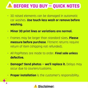 May include: A bright neon green graphic with the word "IMPORTANT!" in black and white. The text "BEFORE YOU BUY - QUICK NOTES" is in pink and white. The image contains a list of notes and a disclaimer about the product.