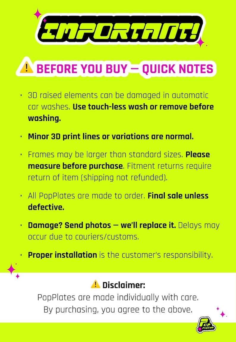 May include: A bright neon green graphic with the word "IMPORTANT!" in black and white. The text "BEFORE YOU BUY - QUICK NOTES" is in pink and white. The image contains a list of notes and a disclaimer about the product.
