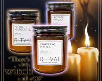 A Witch in Us All - Three Candle Collection: Practical Magick, Lavender for Luck, Midnight Margaritas - Soy & Coconut - three 6oz candles