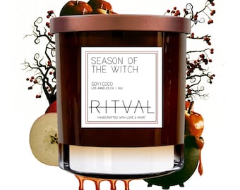 Season of the Witch Candle: Crisp Apples, Cinnamon, Caramel, Orange Peel - 9oz Soy & Coconut Candle