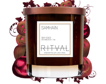 Samhain Candle: Orange Peel, Pumpkin, Pralines, Buttery Caramel, Maple Syrup - 9oz Soy and Coconut