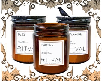 Samhain Trio: Halloween Scented Candles - Soy Coconut Wax - Set of three 6oz Candles
