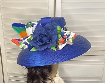 Royal Blue lampshade, church, tea, formal, wedding, Kentucky derby, summer hat