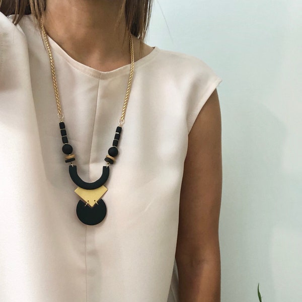 Handmade Polymer Clay Statement Necklace. Black. Gold. Modern. Geometric. Light Weight.
