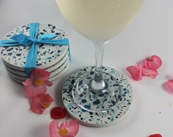 Coasters Terrazzo Concrete /& Aqua Blend Recycled GlassSet of 4