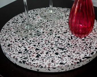 QUICK SHIP ** Large Round Terrazzo Tray ** White Rose Pink Marble and Gray Glass ** 12" Serving Tray ** Gorgeous!