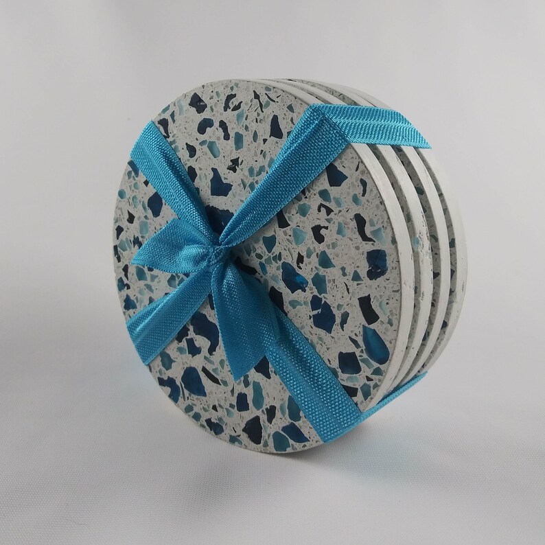 Coasters Terrazzo Concrete /& Aqua Blend Recycled GlassSet of 4