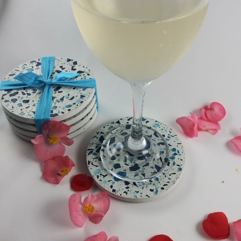 Coasters Terrazzo Concrete /& Aqua Blend Recycled GlassSet of 4