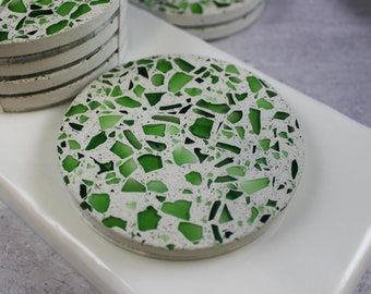 Bright Green Terrazzo Coasters Set of 4, Outdoor Décor, Emerald Bottle Green Glass, Square, Round or Square, Eco Friendly Gift [EMG]