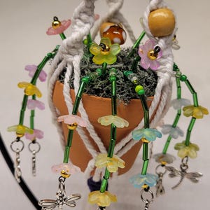 Whimsical Beaded Flower & Glass Mushroom Mini Macrame Plant Hanger