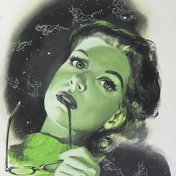 Original gouache cover illustration Rexall 1949, zodiac girl, mid century, Joe Henninger.