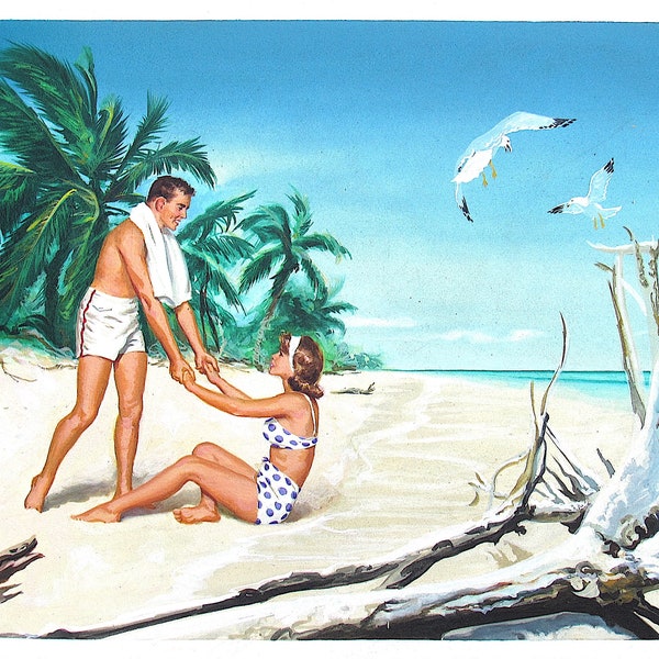 Original 60ies gouache painting by Bruce Howson, beach scene, couple on beach, seagulls, polka dot bikini.