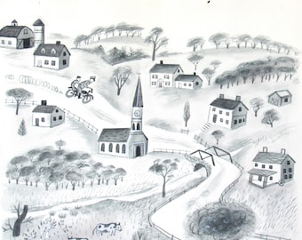 Może przedstawiać: Czarno-biała ilustracja małego miasteczka z kościołem, domami, mostem i stawem. Dwie osoby jadą na rowerze drogą.
