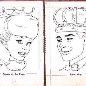 5 Original Barbie coloring book line art drawings , 1960ies, Prom theme