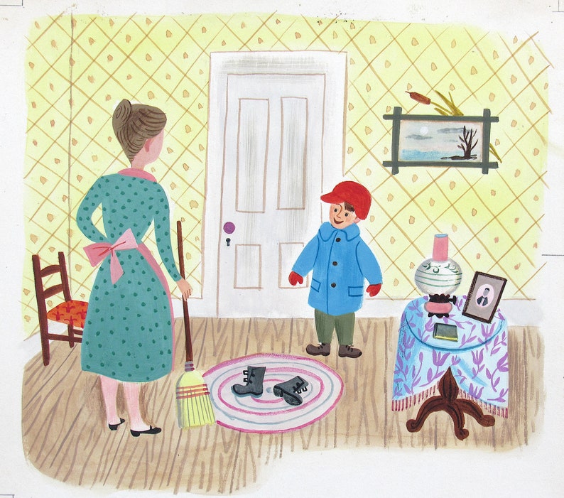 Oryginalna ilustracja gwaszowa do Małej Złotej Książeczki „Małe Kalosze” 1949 zdjęcie 1
