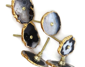 Agate Black And White Drawer Knobs Electroplated Hand Made Pull Ups | Agate Knob cabinets Knobs Poignées en pierre Drawer Knobs Set Of 4