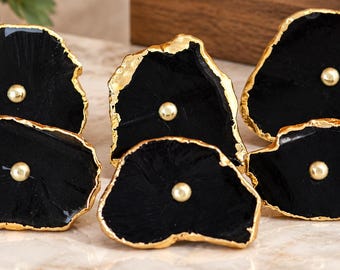 Agate Black Knobs Electroplated Edge | Handmade Natural Stone Cabinet Drawer Pull Ups Slice Set
