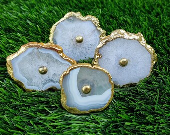 Witte Agaat Dresser Knop Met Goud Gegalvaniseerd, Unieke Kast Knoppen, Natuurlijke Agaat Lade Knoppen Trekt Poignées, boutons en pierre d'agaat