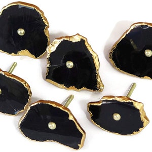 May include: A set of six cabinet knobs featuring irregular, organic-shaped black faces with polished gold-tone metallic edges. Each knob has a central gold-tone screw head and a threaded metal post extending from the back for mounting purposes.