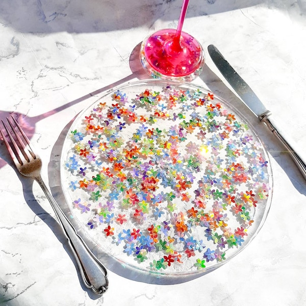 Placemats sparkly flower confetti resin placemats coasters table decor housewarming home gift