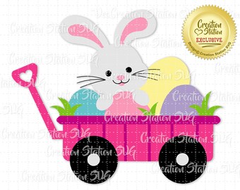 SVG Cut File Easter Bunny and Eggs in Wagon for HTV Vinyl and Paper Scrapbooking png, eps, dxf, vector