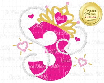 SVG 3 Princess Tiara Number Three Third 3rd Birthday Crown Cut File for HTV Vinyl and Paper Scrapbooking png, eps, dxf, vector