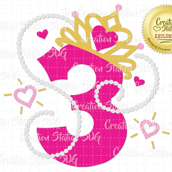 SVG 3 Princess Tiara Number Three Third 3rd Birthday Crown Cut File for HTV Vinyl and Paper Scrapbooking png, eps, dxf, vector