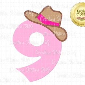 SVG 9 Cowgirl Nummer neun neun neunt Geburtstag Hut Cut File für HTV Vinyl und Papier Scrapbooking png, eps, dxf, vektor