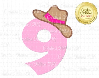 SVG 9 Cowgirl Number nine ninth 9th Birthday hat Cut File for HTV Vinyl and Paper Scrapbooking png, eps, dxf, vector