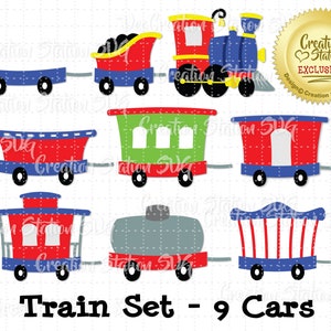SVG Gran Tren Set 9 Coches Cut File para HTV Vinyl Paper Scrapbooking png, eps, dxf, vector Baby Boy Engine Caboose tanker circus tender tier