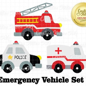 SVG 緊急車両セット カット ファイル HTV ビニール用 png、eps、dxf、ベクター車、救急車、警察、消防車