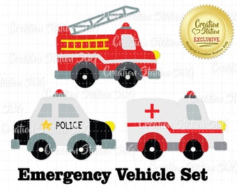 SVG Emergency Vehicle Set Cut File for HTV Vinyl png, eps, dxf, vector car, ambulance, police, fire truck