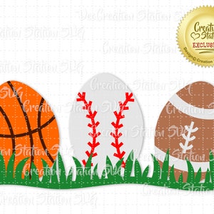 May include: Three Easter eggs decorated with sports-themed designs. The eggs are a basketball, a baseball, and a football. The eggs are sitting on a bed of green grass.