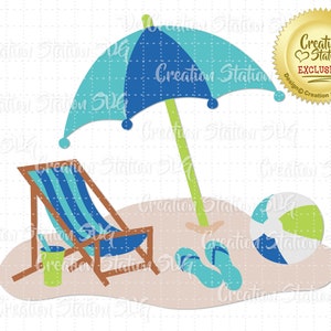 SVG Beach Chair Umbrella Scene Cut File Summer Ocean for HTV Vinyl and Paper Scrapbooking png, eps, dxf, vector