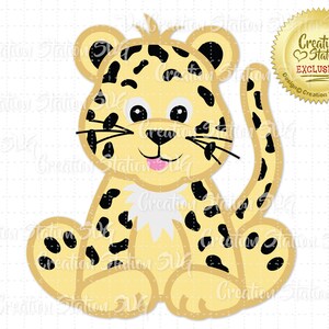 May include: A cartoon illustration of a yellow and black spotted leopard sitting with its tail curled around its body. The leopard has a pink tongue sticking out and big, round eyes.