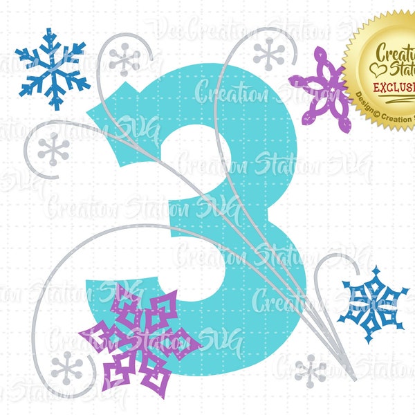SVG 3 Frozen Snowflake Number three third 3rd Birthday Cut File for HTV Vinyl and Paper Scrapbooking png, eps, dxf, vector