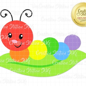 May include: A red, orange, yellow, green, blue, and purple caterpillar with a smiling face is on a green leaf. The caterpillar is made of circles and has a pair of black antennae.