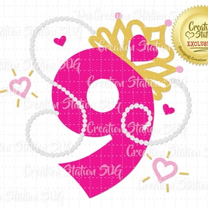 SVG 9 Princess Tiara Numéro neuf 9e neuvième Crown Cut File for HTV Vinyl and Paper Scrapbooking png, eps, dxf, vector