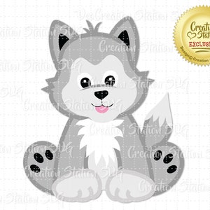 May include: A cartoon gray wolf with a white chest and black paw pads sits with its tail curled behind it. The wolf has a pink tongue sticking out and big, black eyes.