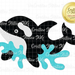 May include: Black and white orca whale with a blue water splash behind it. The orca is facing left and has a white patch on its belly. The water splash is a light blue color and has a few drops of water coming off of it.