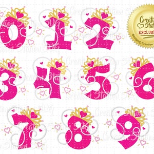 SVG Princess Tiara Numbers Set 0-9 Crown Cut File voor HTV Vinyl en Papier Scrapbooking png, eps, dxf, vector 1,2,3,4,5,6,7,8,9