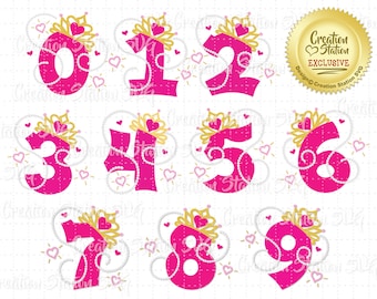SVG Princess Tiara Numbers Set 0-9 Crown Cut File for HTV Vinyl and Paper Scrapbooking png, eps, dxf, vector 1,2,3,4,5,6,7,8,9