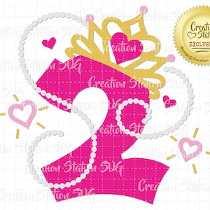 SVG 2 Prinzessin Tiara Nummer zwei zweite Geburtstag Krone Cut File für HTV Vinyl und Papier Scrapbooking png, eps, dxf, vektor