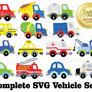 May include: A set of ten colourful cartoon vehicle SVG files. The vehicles include a school bus, a taxi, a fire engine, a police car, an ambulance, a cement truck, a dump truck, a tow truck, a delivery truck, and a car.