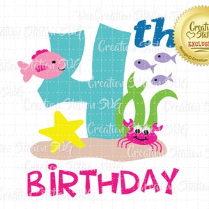 Arquivo de corte SVG Under the Sea 4º aniversário para álbum de recortes de vinil e papel HTV png, eps, dxf, vetor três peixes oceano mar caranguejo terceiro