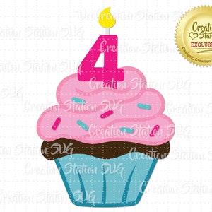 SVG Cupcake Candle 4th Birthday Candle Cut File for HTV Vinyl and Paper Scrapbooking png, eps, dxf, vector four fourth happy