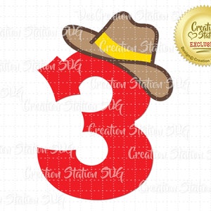 SVG 3 Cowboy Nummer drei dritte 3rd Birthday Hat Cut File für HTV Vinyl und Papier Scrapbooking png, eps, dxf, vektor