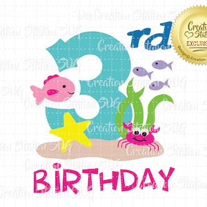 SVG Under the Sea 3rd Birthday Cut File for HTV Vinyl and Paper Scrapbooking png, eps, dxf, vector three fish ocean sea crab third